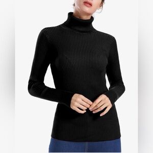 Women's Black Turtleneck Ribbed Long Sleeve Sweater